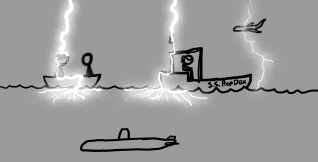 lightning hits a boat, another boat, and a plane. it does not hit the submarine because the ocean is in the way.
