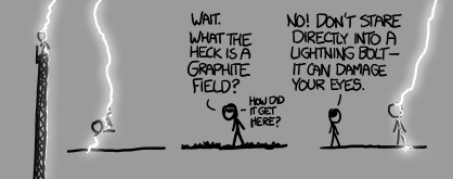 lightning strikes a person on a tower, then flows into the tower to the ground. another bolt passes through someone doing a backflip. a person stands in a graphite field (?). a person looks at a lightning bolt which is hitting them in the eyes.