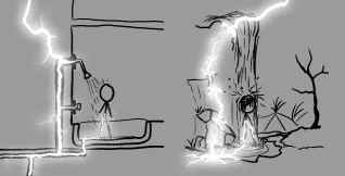 lightning strikes two people, one standing in an inside waterfall and one standing in an outside waterfall