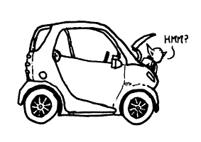 yoda in the engine block of a Smart Car